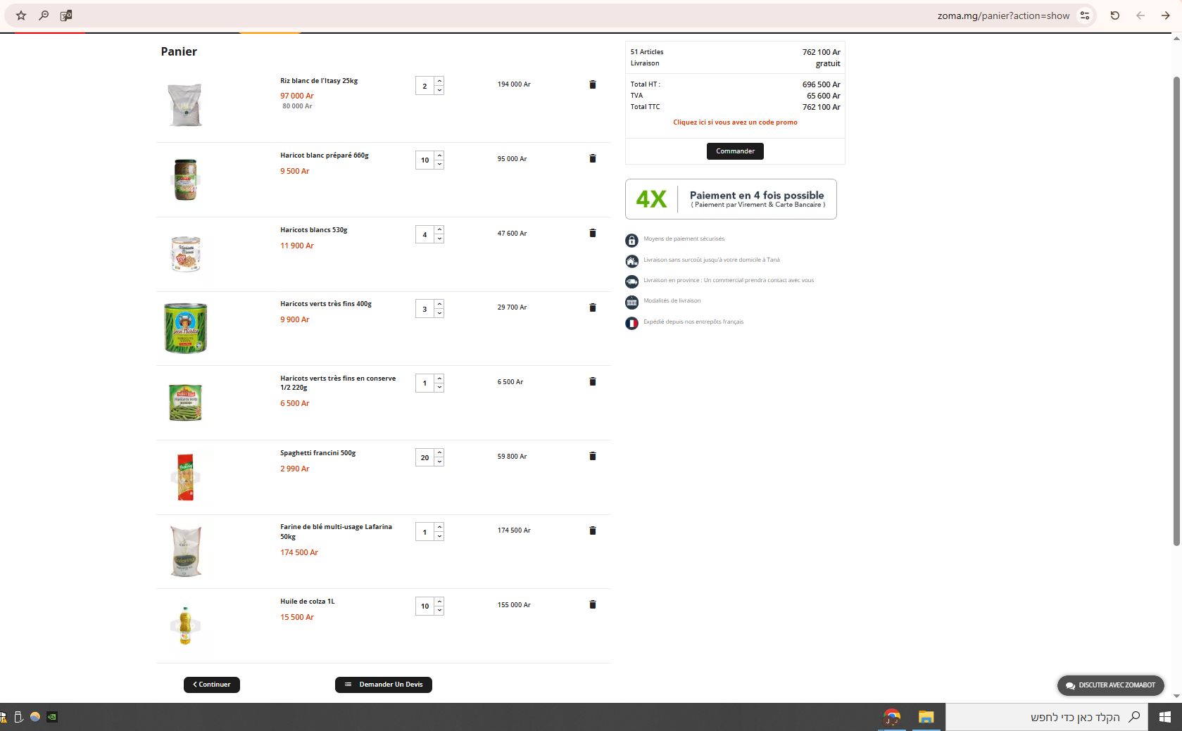 Zoma Madagascar example checkout showing a 762,100 Ar basket